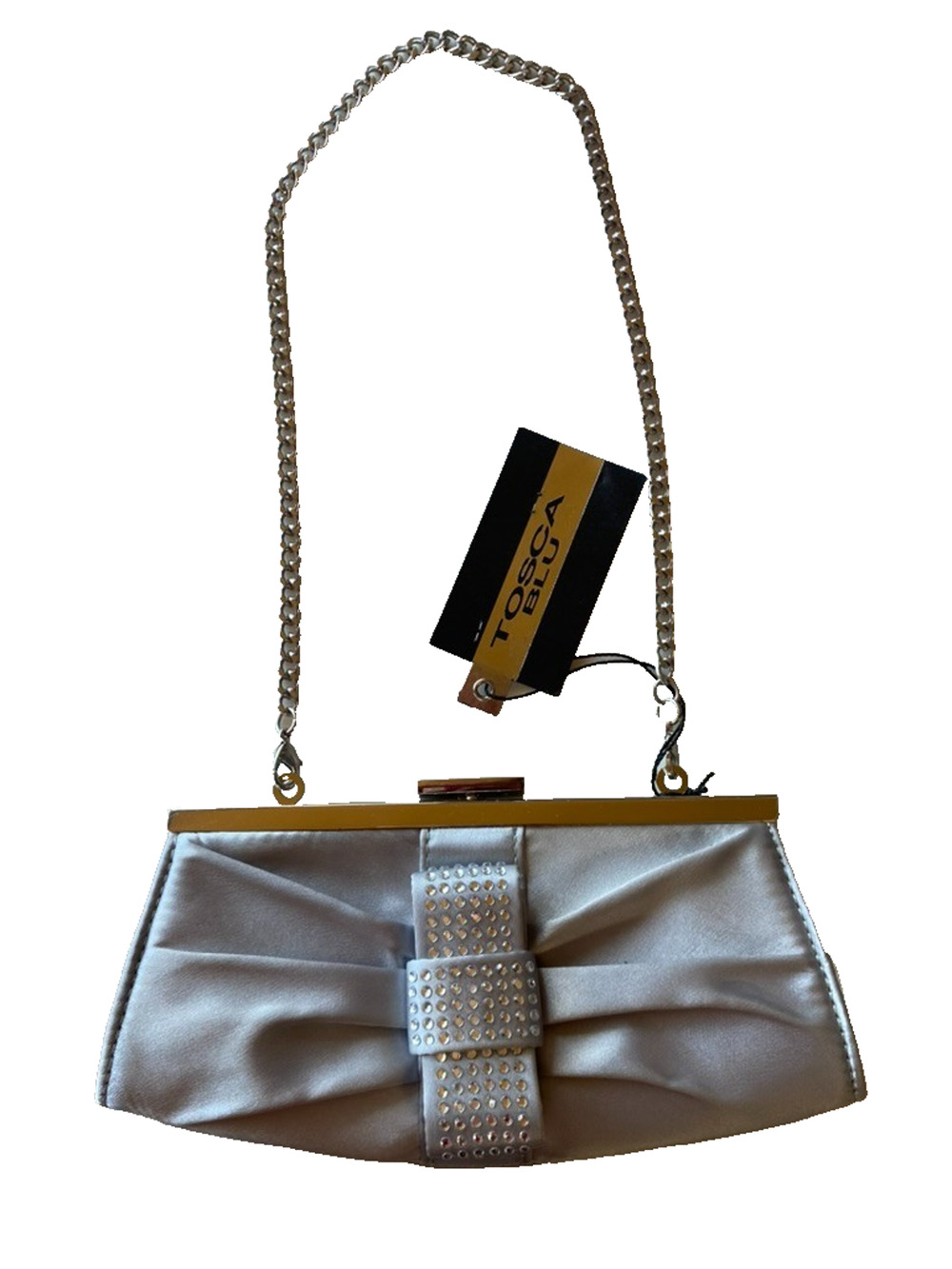 TOSCA BLU Italian Rhinestone Bow Clutch Convertible Bag w Chain Silver Satin NWT